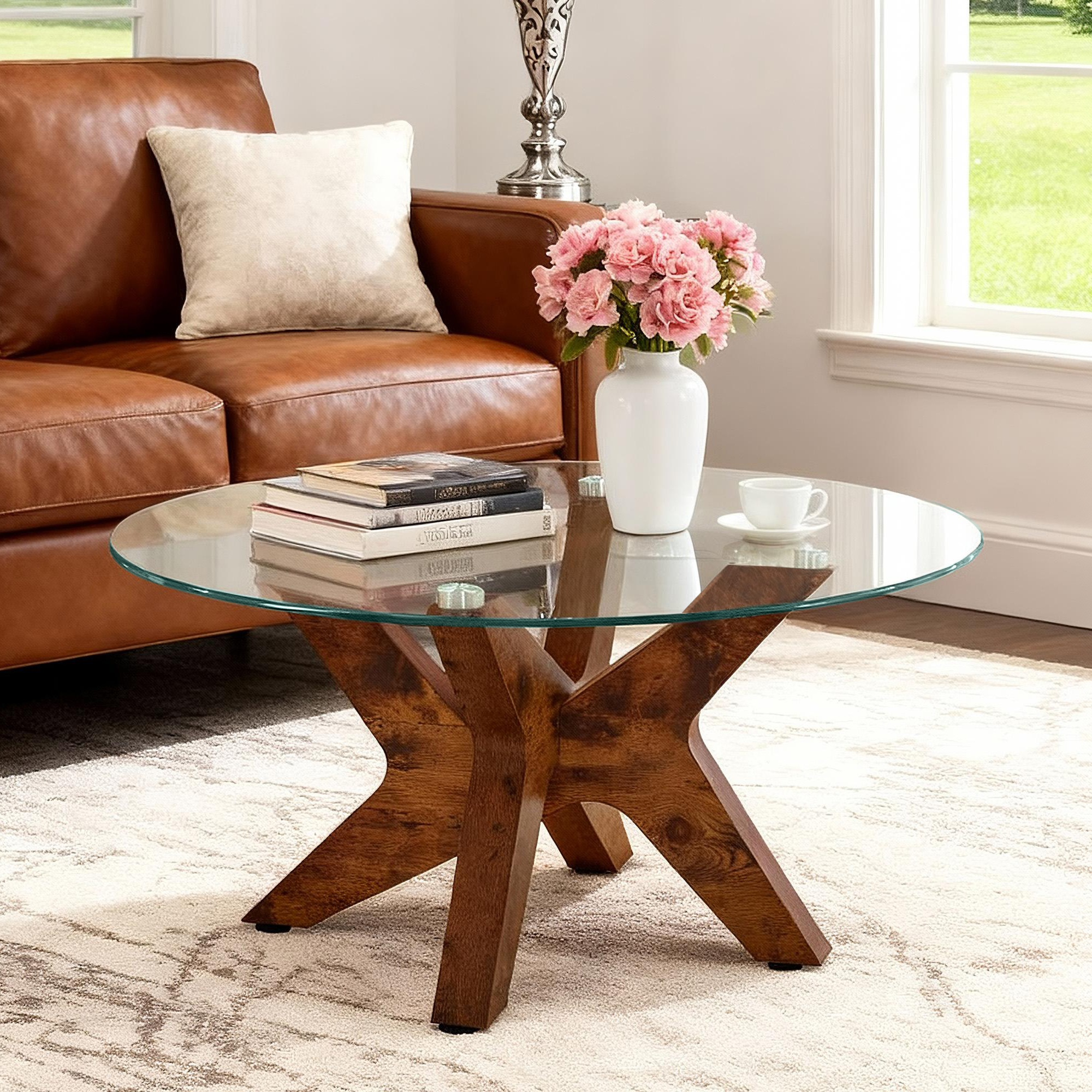 Ivinta 31.5" Round Coffee Table with Tempered Glass Top and Natural Wood Frame for Living Room