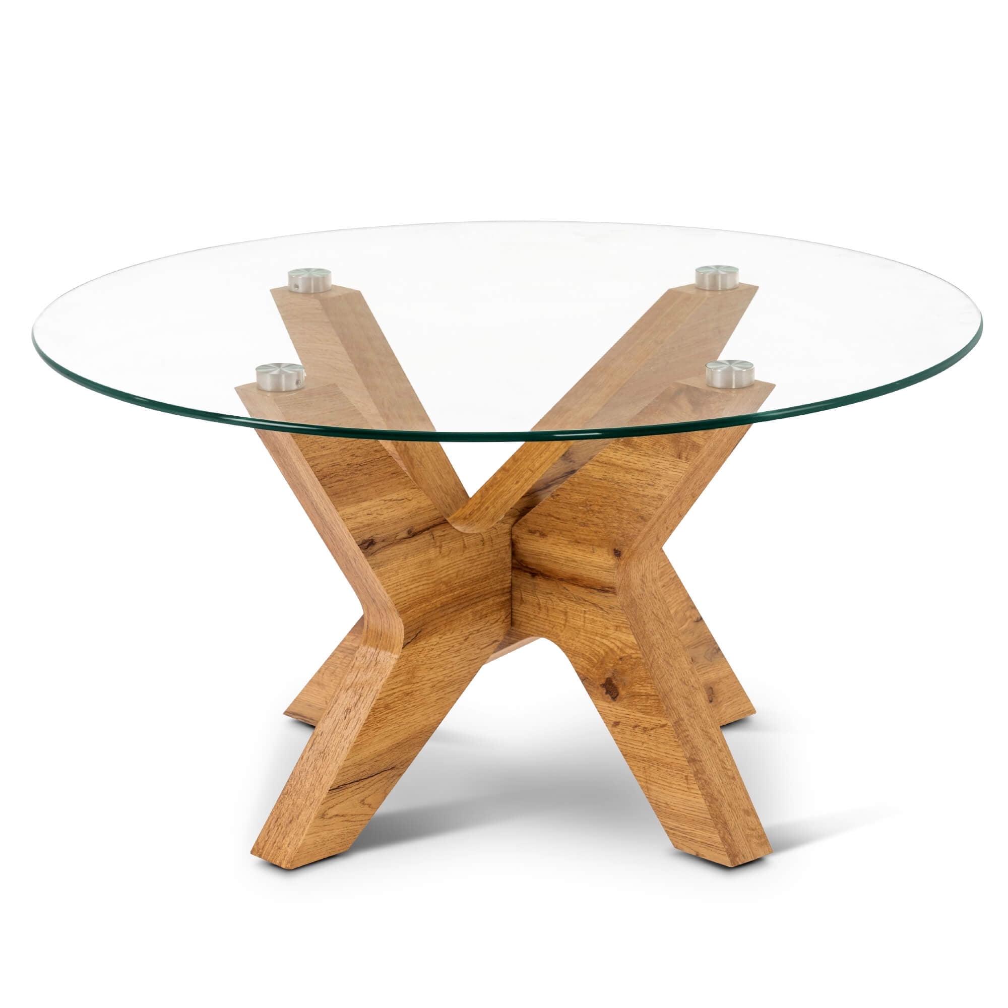 Round Glass Coffee Table with Natural Wood X-Base, 31.5 in