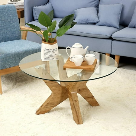 Ivinta 31.5" Round Coffee Table with Tempered Glass Top and Natural Wood Frame for Living Room