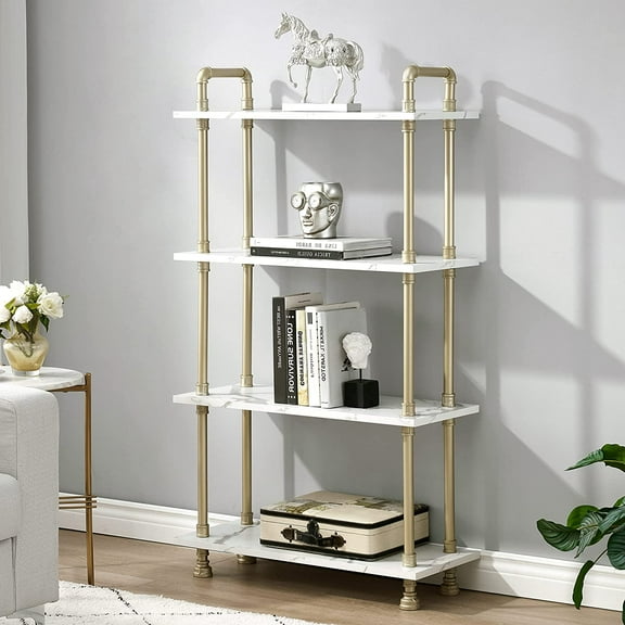 Ivinta 4 Tier Bookshelf, Wood and Metal Bookcases Furniture, odern Narrow Book Case, Home Décor Shelving Unit for Living Room, Home Office, Flower Stand Storage Rack, White Marble Gold BS404WGD