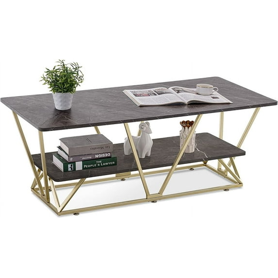 Ivinta Black Marble Coffee Table with Storage Shelves, Accent Tea Table for Living Room