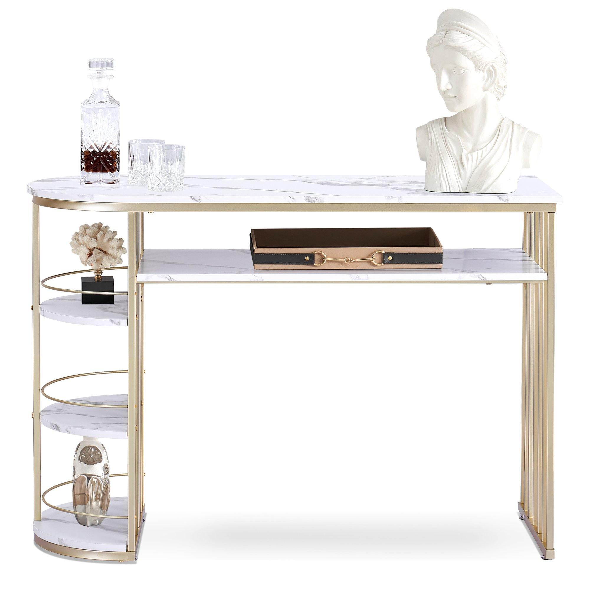 White & Gold Console Table with Storage for Living Room, Marble