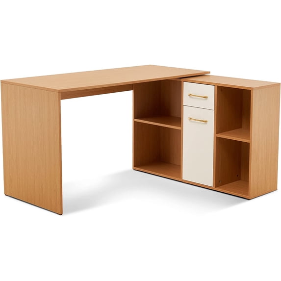 Ivinta Convertible Executive Wood Study Desk, L-Shaped Computer Office Corner Desk (White Oak)