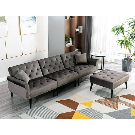 Ivinta Convertible Velvet Sofa Couch, Sleeper Sofa 4-Seater Loveseat with Ottoman for Living Room
