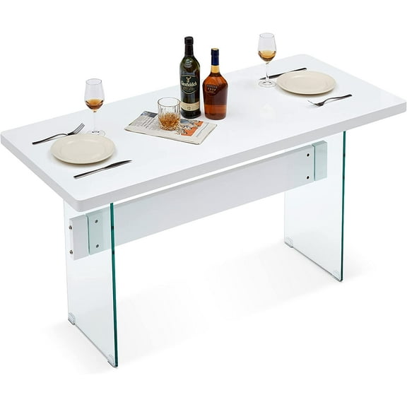 Ivinta Dining Table with Glass Legs, 55 inches Kitchen Table for 4/6 for Dinner Kitchen Dining Room (White)