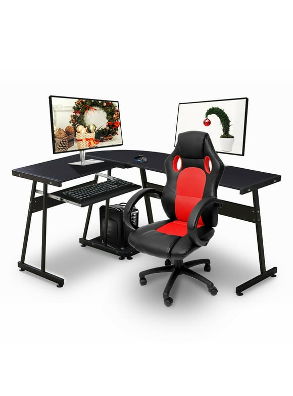 Ivinta Furniture Computer Desk Gaming Reversible Black L-Shaped Corner Desk with Keyboard Tray