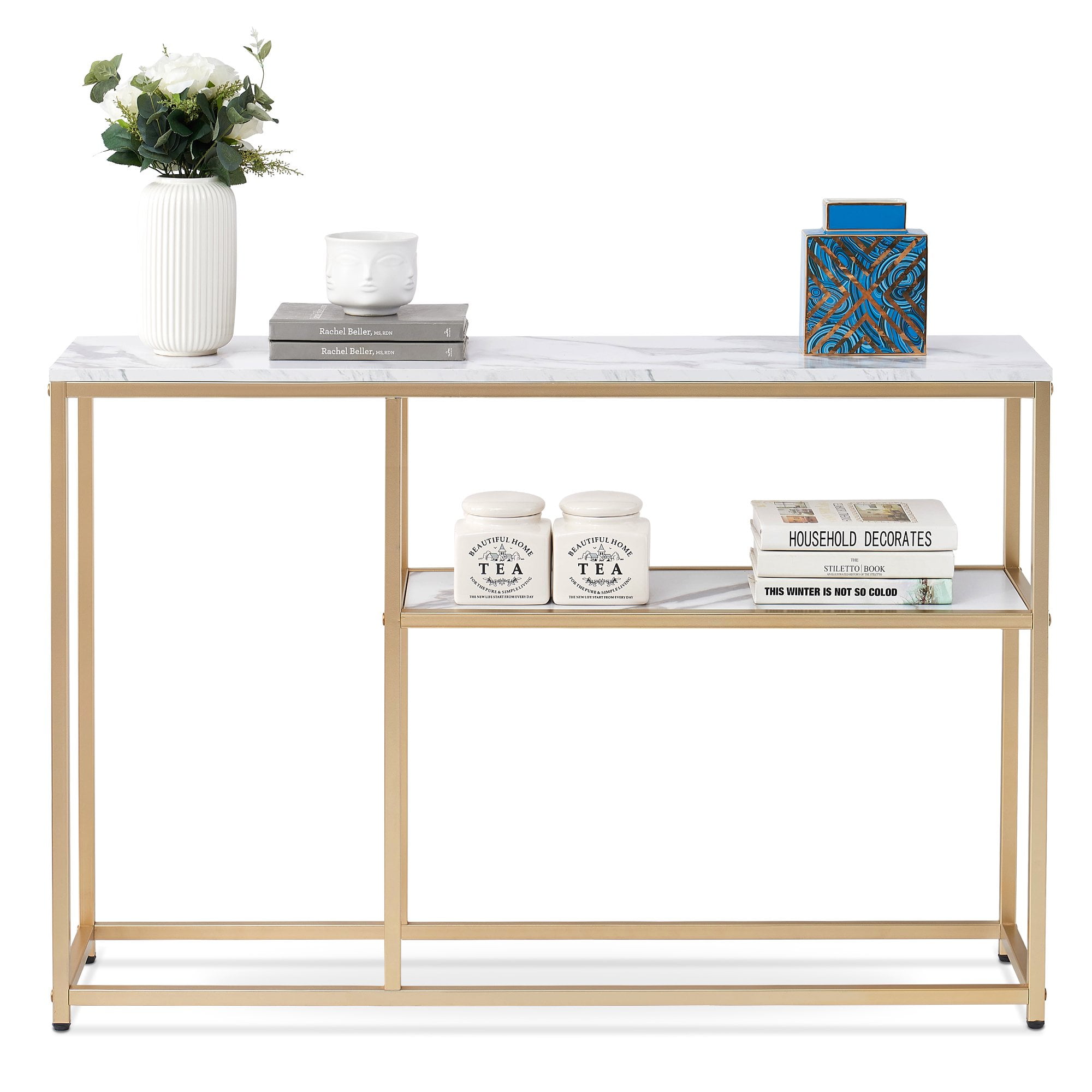 Ivinta Furniture Narrow Console Table, White Marble Sofa Table Small TV Entryway Table with Storage Shelf, Buffet Table for Hallway Living Room, 47.2 inch