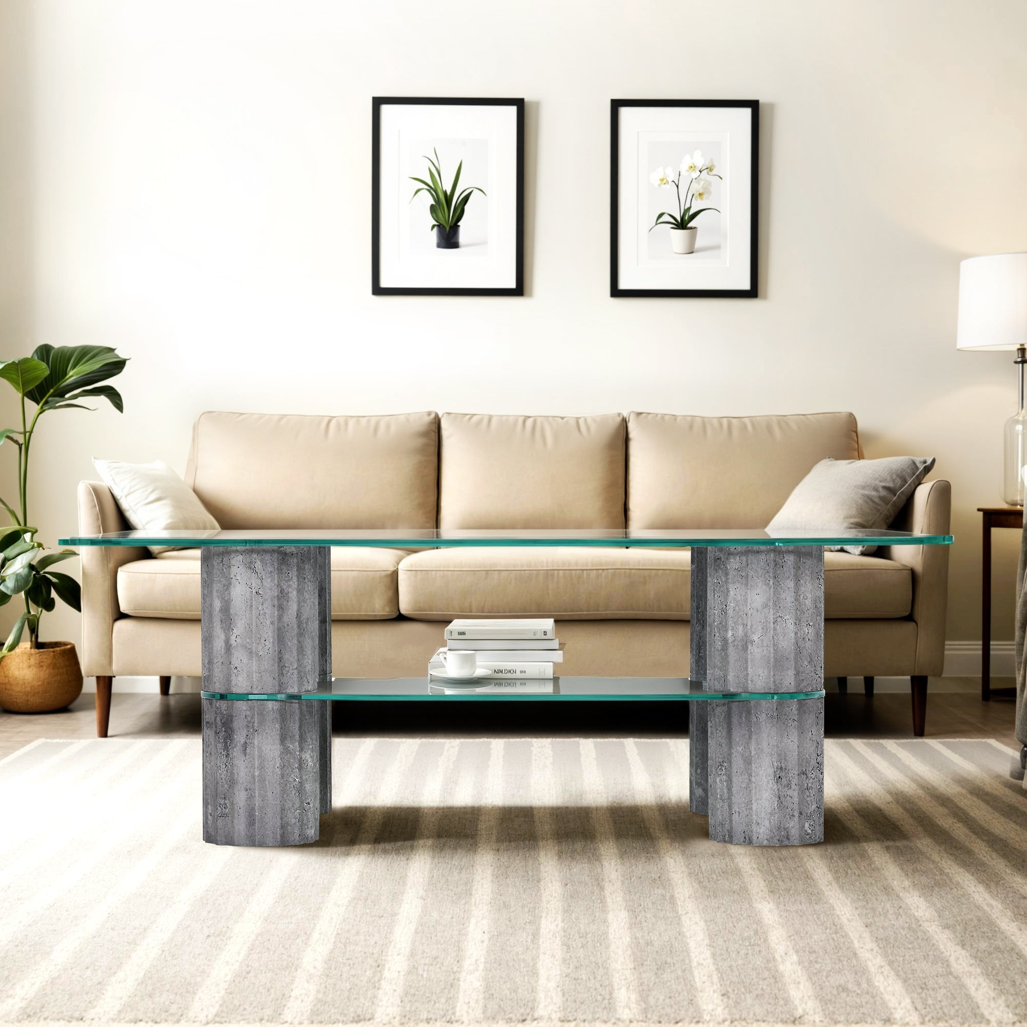 Ivinta Glass Coffee Table with Storage Shelf, 44''×24'' Modern ...