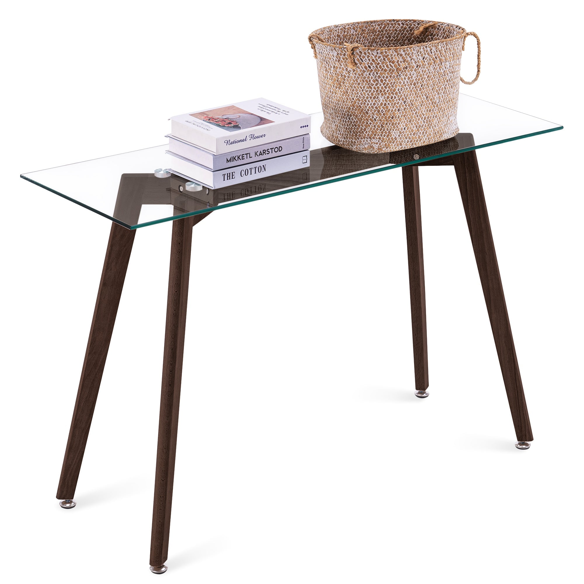 Brown Glass Console Table with Oak Legs and Storage