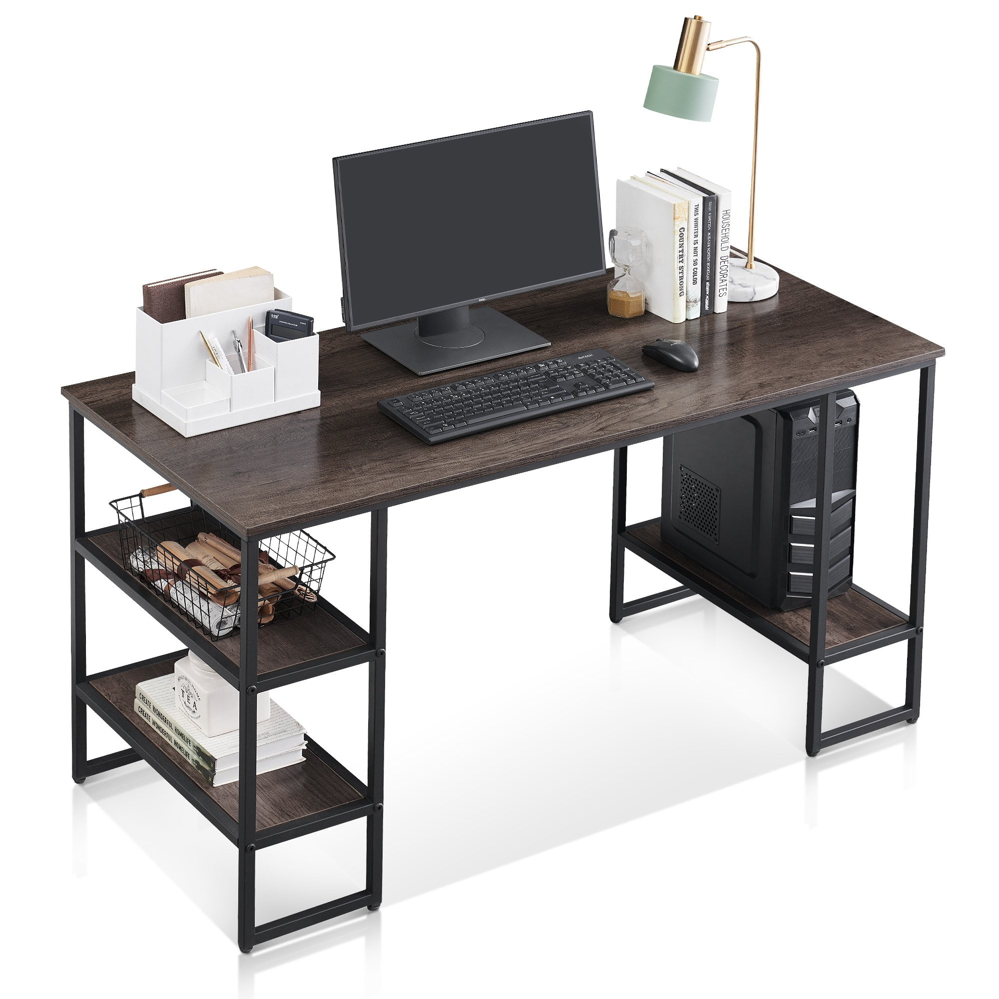 Computer Desk with LED Lights 55 Modern Home Office Desk PC Study Table  Workstation Gaming Desk with Hutch&Monitor Shelf &Storage Bookshel, Black 