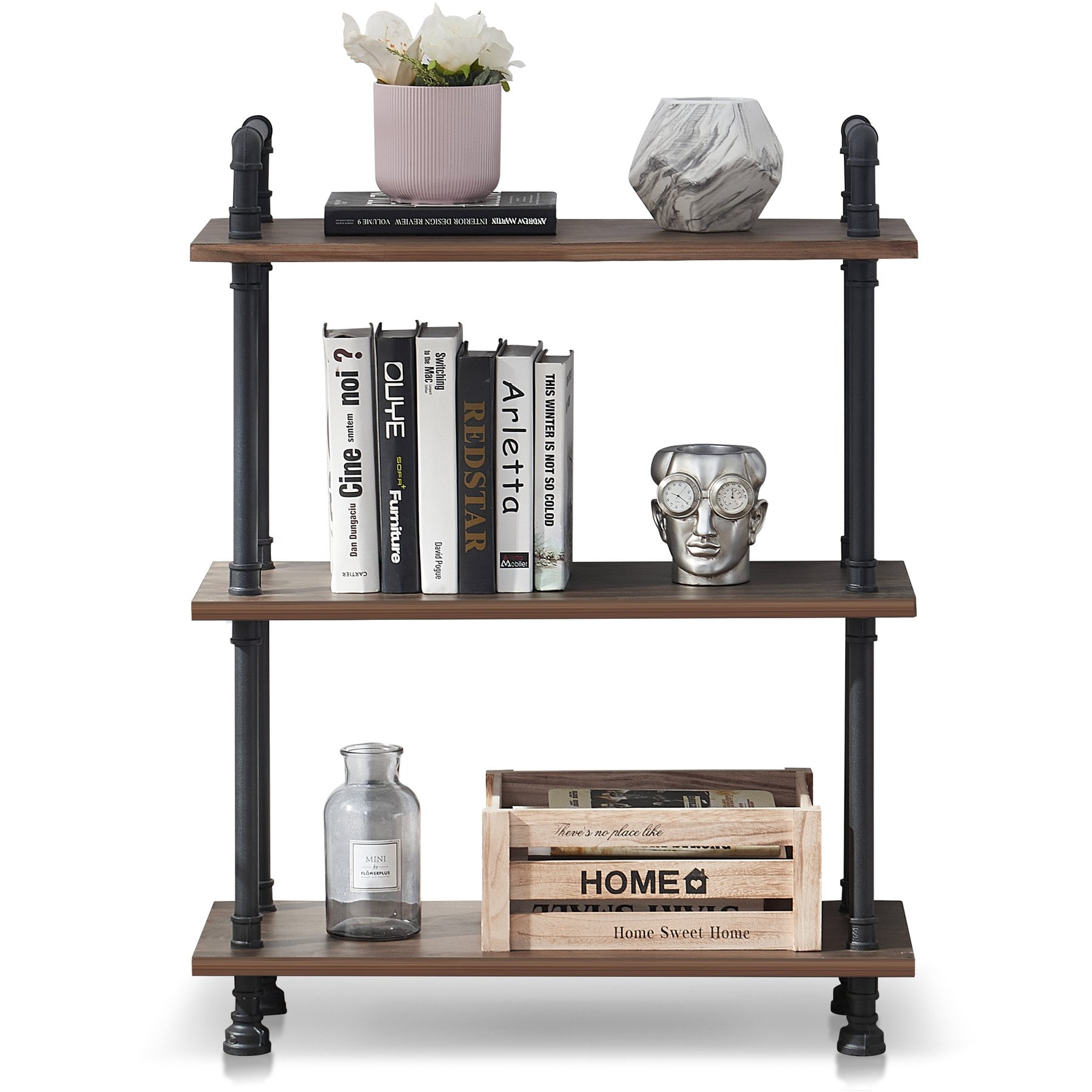 Industrial Black Wood 3-Tier Bookshelf