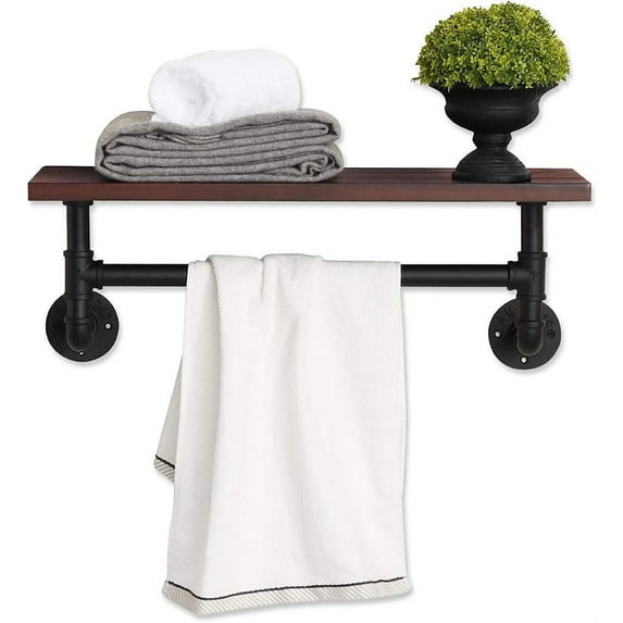 MCombo Industrial Pipe Bathroom Wall Mounted Shelf, Solid Wood 1-tier brown 24'' x 9.84'' x 9''