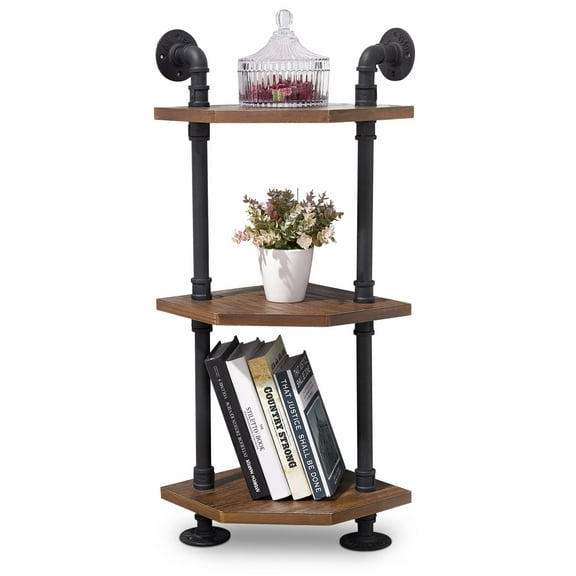 Ivinta Industrial Wall Mount Pipe Shelves, 3-Tier Corner Shelf with Solid Wood, Corner Bookshelf Display Stand,Metal Standing Bookcase (3-Tier)