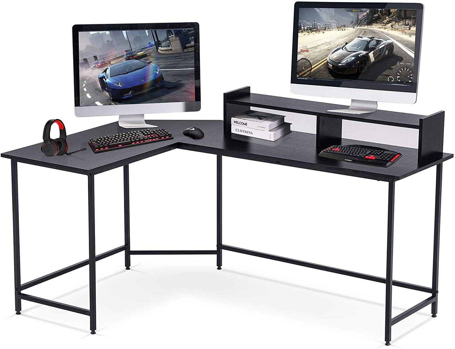 Ivinta L-Shaped Computer Desk with Hutch, 63" Gaming Office Corner Desk with Round Corner, Black