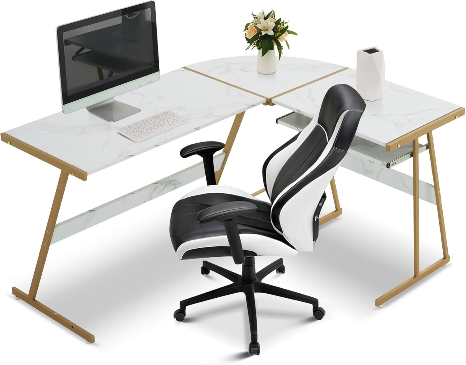 Ivinta L-shape Computer Desk with Keyboard Tray, Corner Desk with Faux Marble Top White