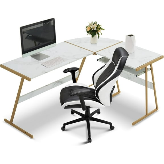 Ivinta L-shape Computer Desk with Keyboard Tray, Corner Desk with Faux Marble Top White