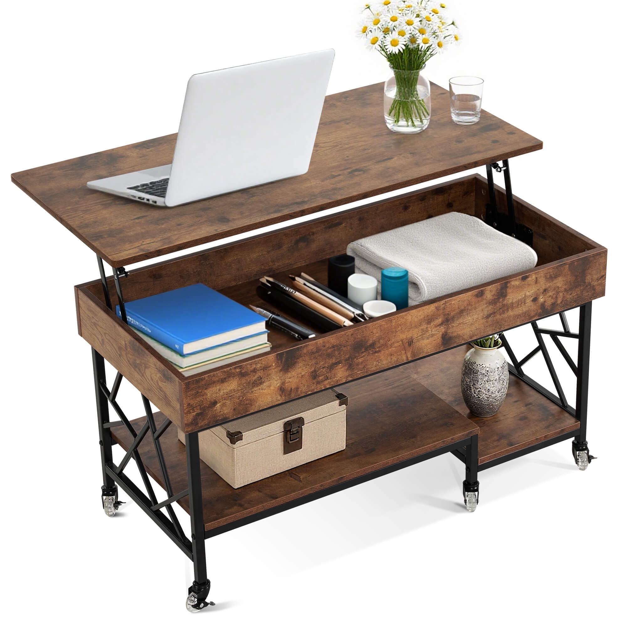 Ivinta Lift Top Coffee Table with Wheels, Wooden Lift Up Central Table with Storage for Living Room(Brown)