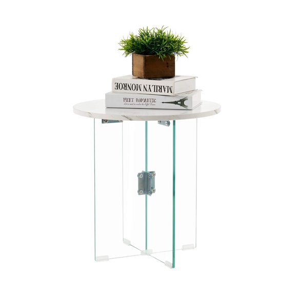Ivinta Modern End Table with Marble Finish Tabletop, Round Accent Side Table with Glass Legs
