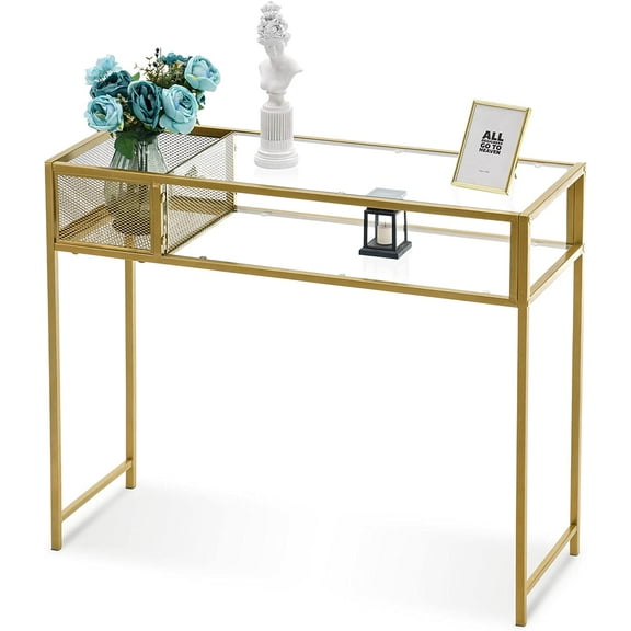 Ivinta Narrow Console Table with Storage, Modern Sofa Table with Glass Shelves, Long Entryway Table