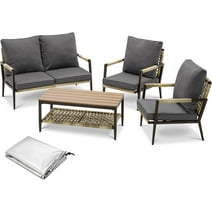 Ivinta Outdoor Patio Furniture Set, 4 Pieces Rattan Conversation Sets with Loveseat, Chairs, Table (Grey)