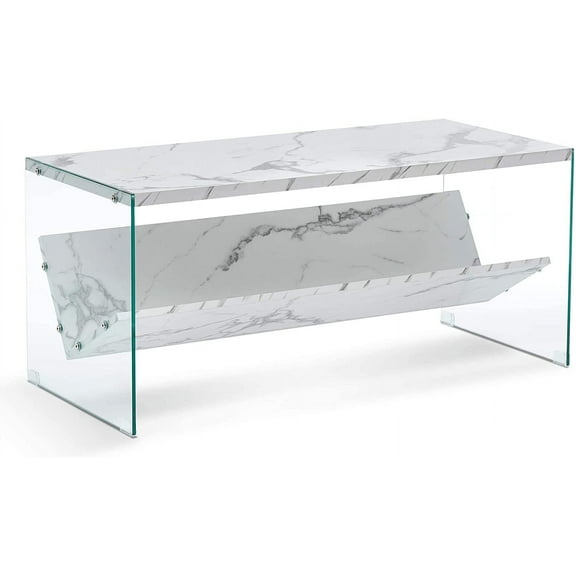 Ivinta Rectangle Coffee Table, White Marble Coffee Table with Tempered Glass Legs, Mid-Century Modern Coffee Table with Storage