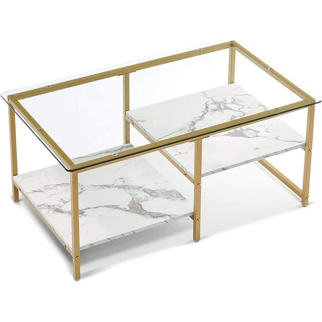 Ivinta Rectangular Coffee Table with Tempered Glass Top, Storage Coffee
