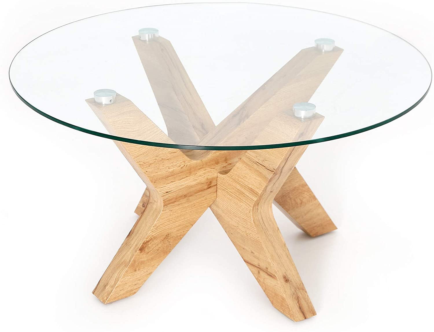 Round Glass Coffee Table with Natural Wood X-Base, 31.5 in