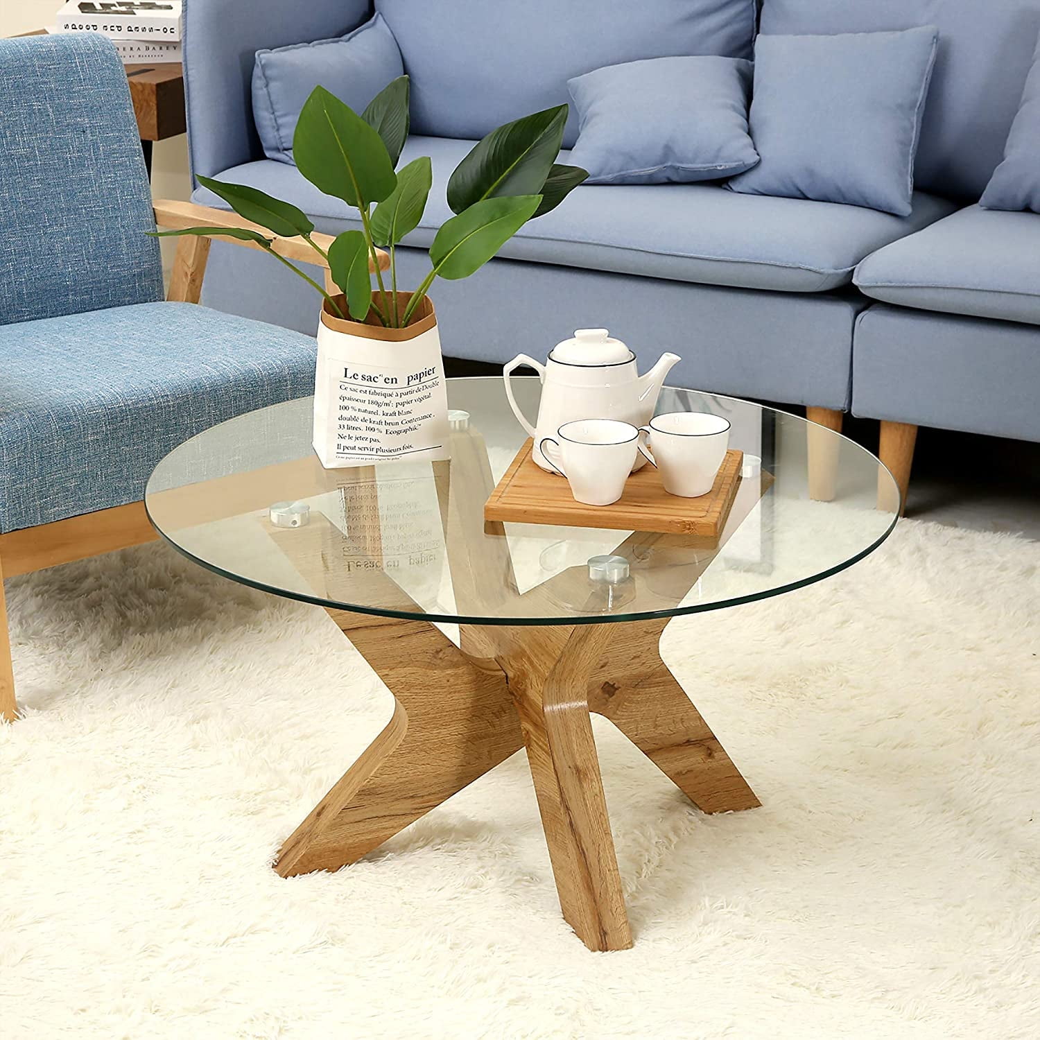Round Glass Coffee Table with Natural Wood X-Base, 31.5 in