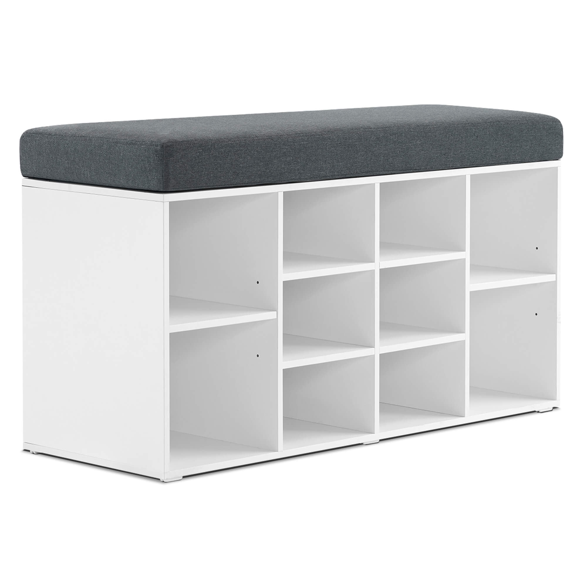 Ivinta White Shoe Storage Bench with Gray Cushion and 10 Cubbies