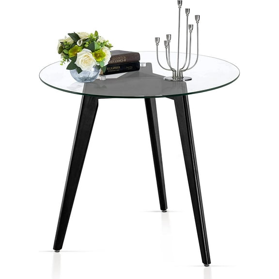 ivinta Round Glass Dining Table 31.5 inch with Wood Legs for 2-4 People Black