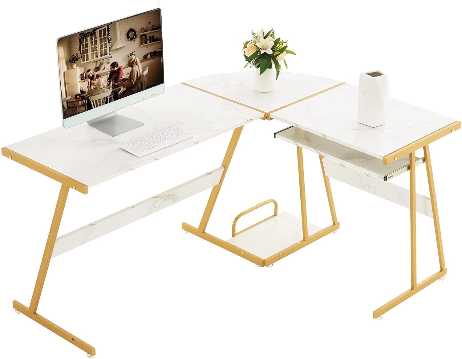 Ivinta 57.8 White Marble and Gold Corner Gaming Small Computer L Shaped Desk with Keyboard Tray Whiteboard