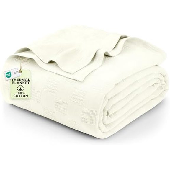 Ivory 100% Cotton Blanket [Queen Size - 90x90 Inch] 350GSM Lightweight, Soft and Breathable Thermal Blanket for All Seasons