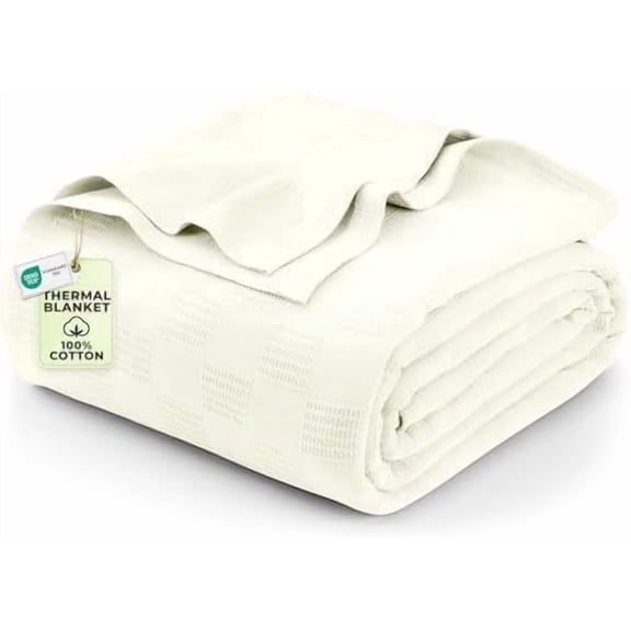 Ivory 100% Cotton Blanket [Twin Size - 90x72 Inch] 350GSM Lightweight, Soft and Breathable Thermal Blanket for All Seasons