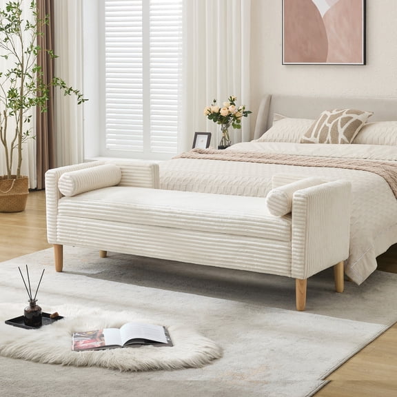 Ivory 65.35 Inch Corduroy Storage Bench, Upholstered Flip Top Accent Ottoman with Armrests Backrest and 2 Bolster Pillows, End of Bed Bench for Living Room Hallway Entryway.