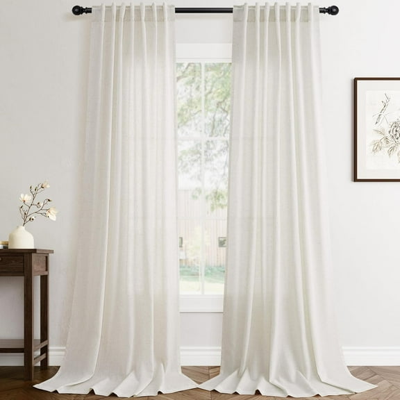 Ivory 90 Inches Long Linen Sheer Curtains for Living Room, Back Tab and Rod Pocket Nautral Curtains Light Filtering Boho Panels for Bedroom/Dining Room, Set of 2, 52 x 90 Inch Cream