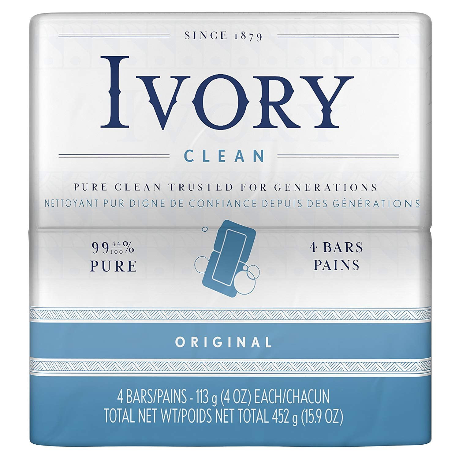 Ivory Bar Soap Pure 99.4 Clean Free of Dyes & Heavy Perfumes 4 Bars, 4