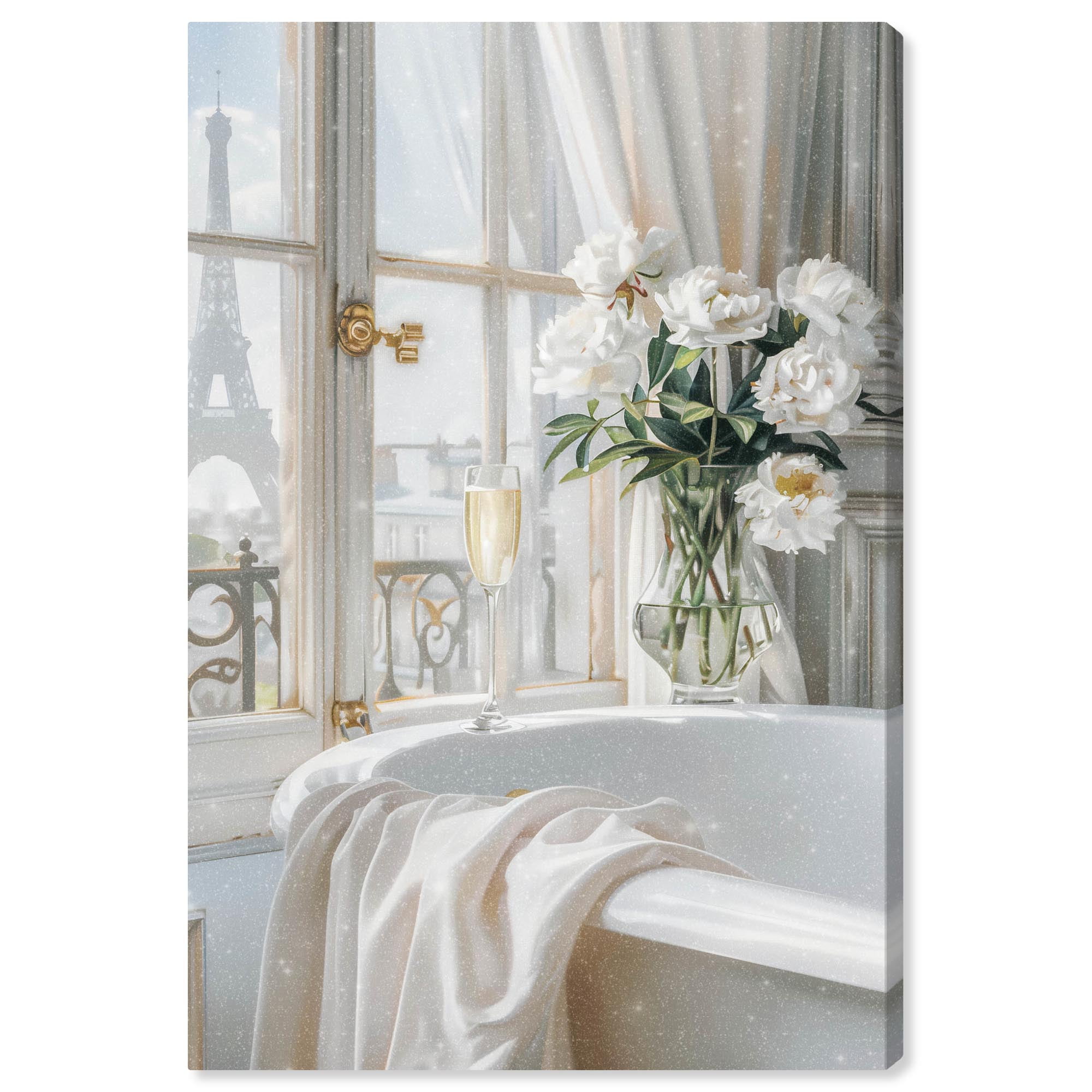 Ivory Paris Bathroom Scene Canvas Art with Flowers