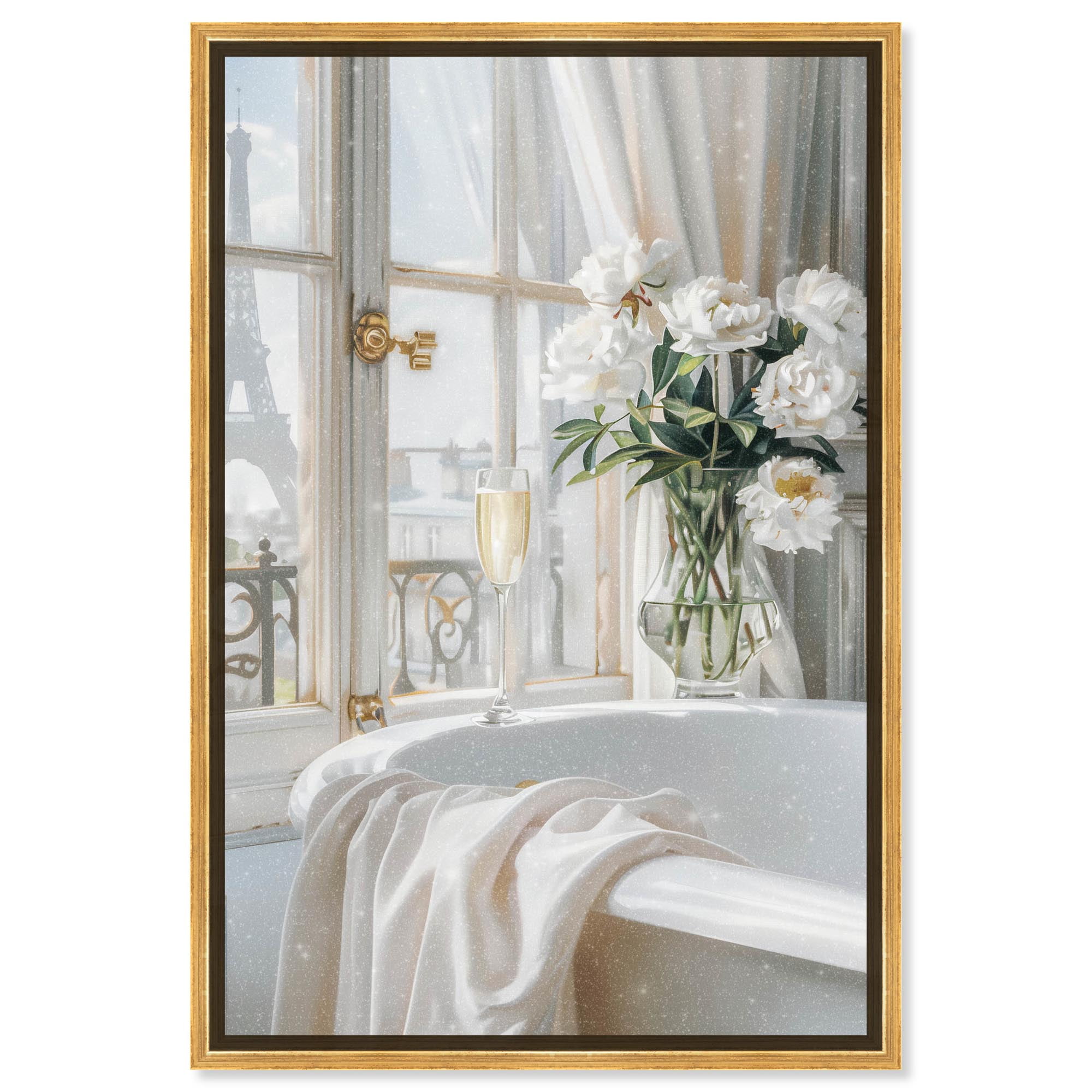 Ivory Paris Bathroom Canvas Art with Gold Frame, 36" x 54"