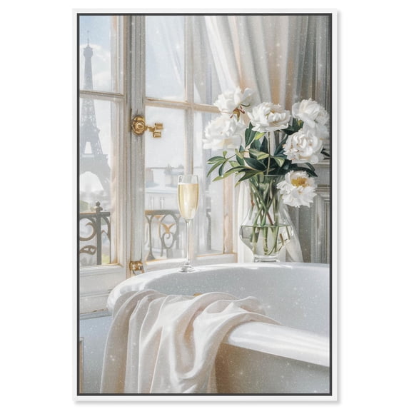 Ivory Bathroom in Paris Canvas Glam Bathroom Art by Art Remedy, White Frame, 24" x 36"