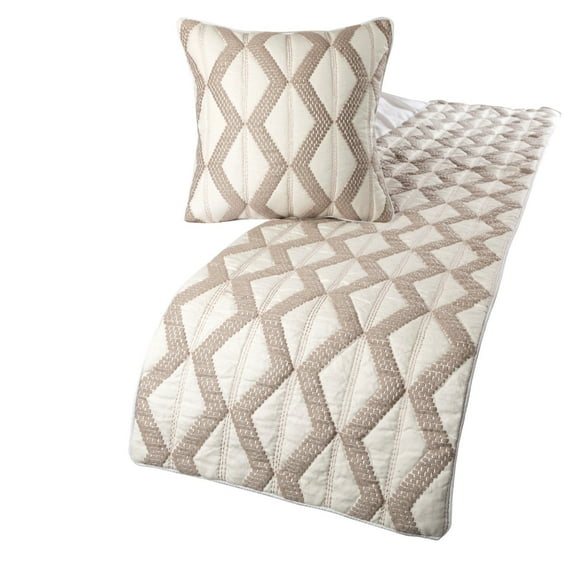 Ivory Bed Runner without Pillow Cover, Queen Size 74"x18" Decorative Bed Runner, Ivory & Taupe Linen Bed Scarf in Quilted Pattern & Linen Embroidery - Pattern Flatter