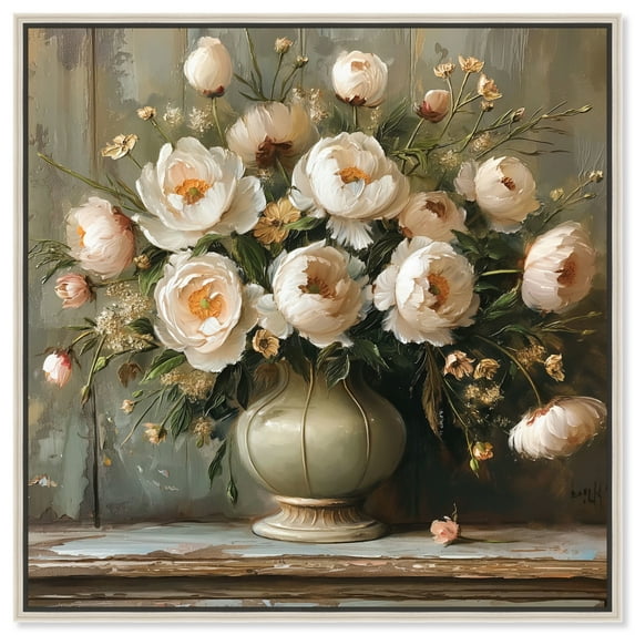 Ivory Blooms Bouquet Canvas Floral Glam Art by Art Remedy, Silver Frame, 20" x 20"