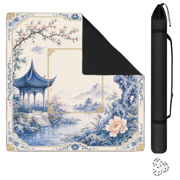Ivory Blue Chinese Garden Mahjong Mat 31.5x31.5 Inch | Non-Slip And Noise Reduction Mah Jong Table Mat Cover with Carrying Bag For Mahjong Lovers, Poker, Board Games And Dominoes