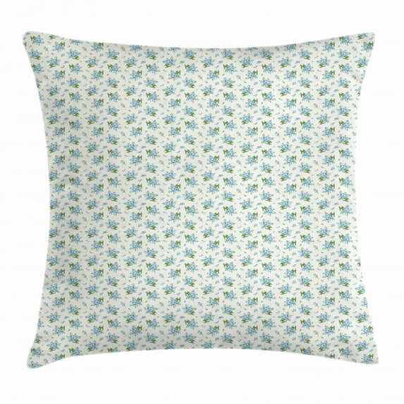 Ivory and Blue Throw Pillow Cushion Cover, Forget-me-not Flowers Pattern Fresh Foliage on Ivory Backdrop, Decorative Square Accent Pillow Case, 18 X 18 Inches, Pale Blue Ivory and Green, by Ambesonne
