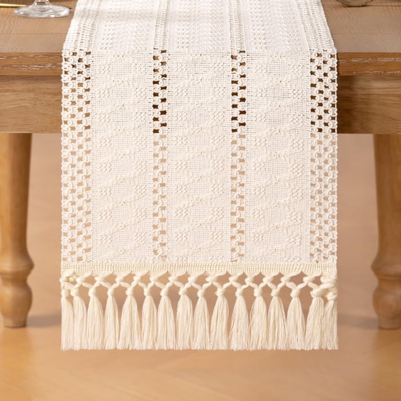Ivory Boho Macrame Table Runner 72 inches Boho Home Decor Farmhouse Rustic Dining Table Centerpiece Dresser Runner with Tassels for Living Room Dining Room Bedroom