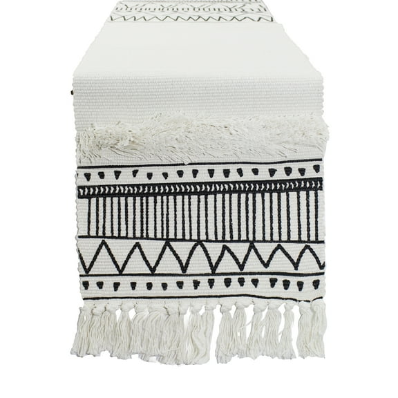 Ivory Boho Tribal Textured Table Runner with Tassels (14"x71" Table Runner)