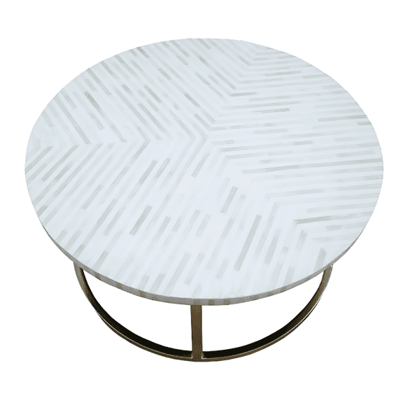Ivory Bone Inlay Coffee Table – Soft Chevron Design with Light Sand Tones and Desert Modern Brass Frame