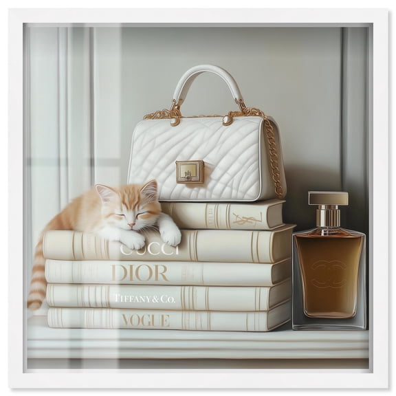 Ivory Books and Kitten Shadowbox Print Fashion Art Prints by Art Remedy, White Frame, 30 x 30