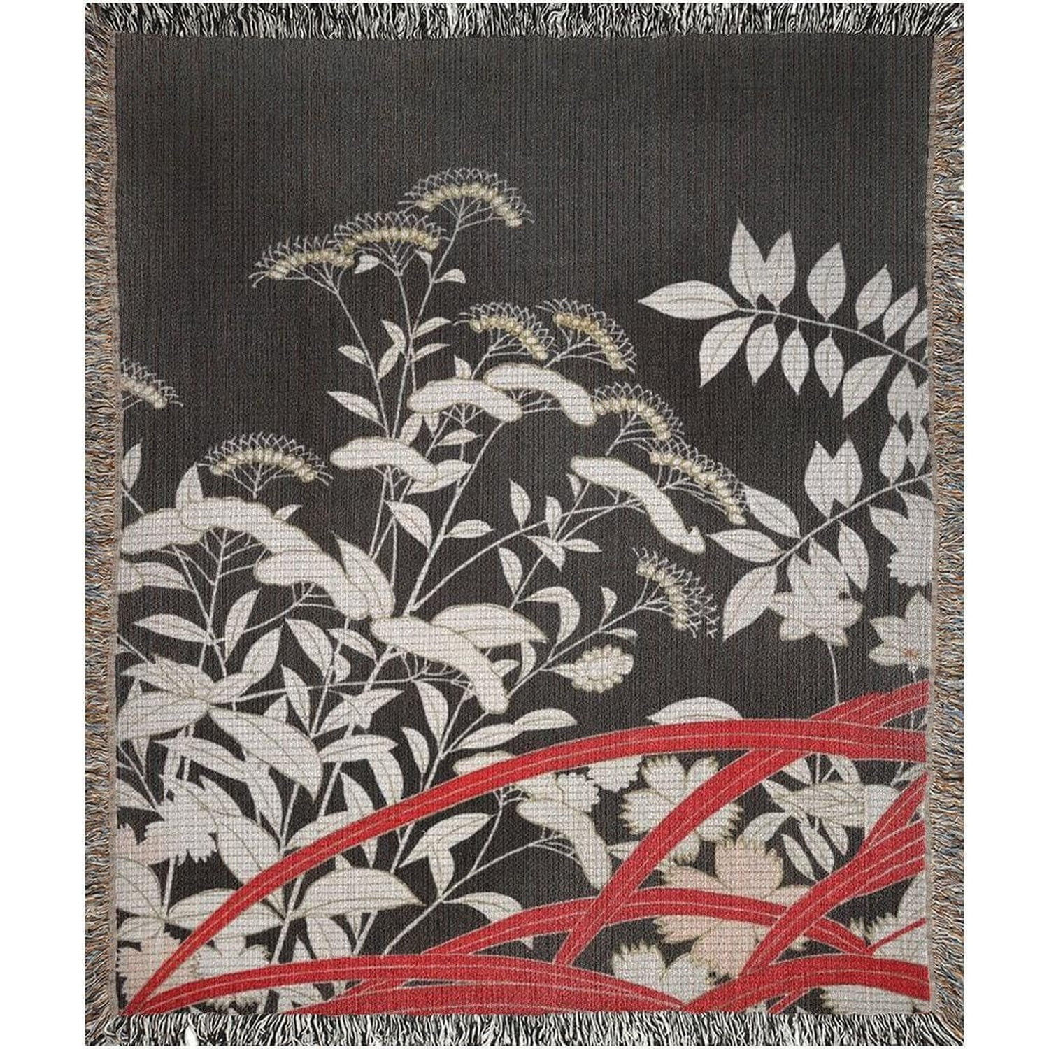 Ivory Botanical Wildflowers and Red Curves Woven Throw Blanket, 100% ...