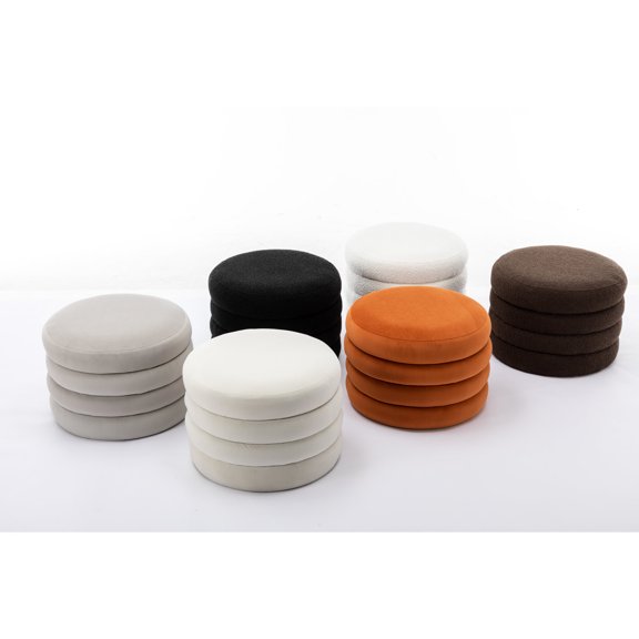 Ivory Boucle Fabric Round Storage Footstool/No Assembly Needed for Quick Use