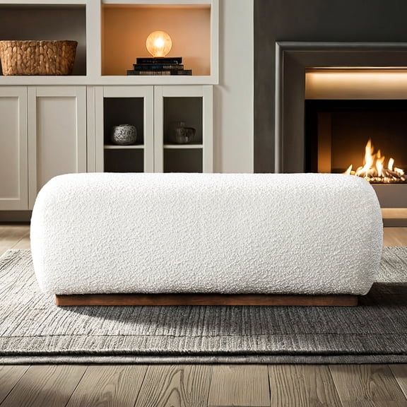 Ivory Boucle Footrest & Seat Bench | Small but Versatile | Boucle & Teak Combination | Improves Space Utility